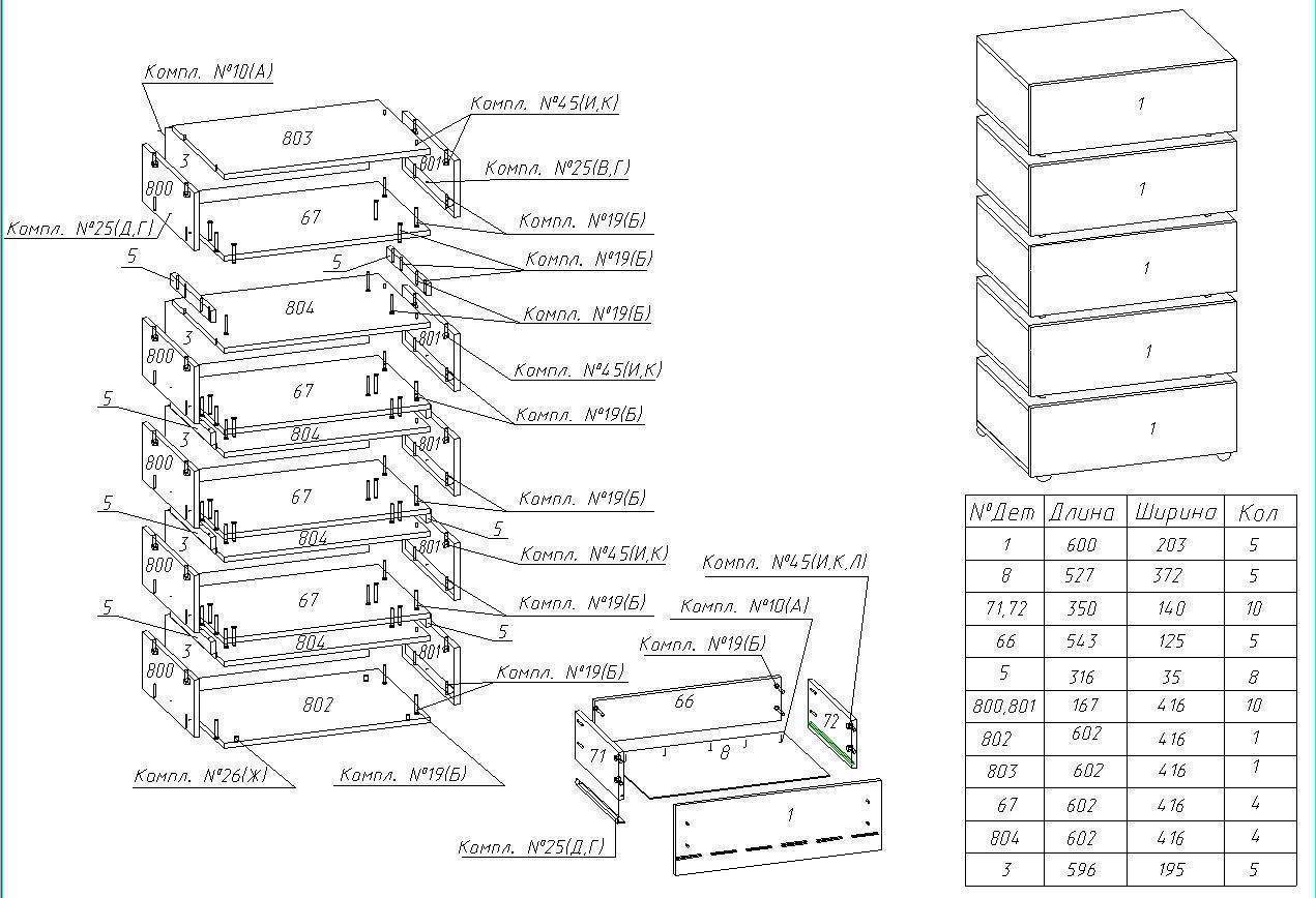 Чертеж комода из лдсп с выдвижными